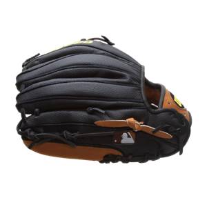 Side view of a black and tan baseball glove with yellow Wilson branding and MLB logo.
