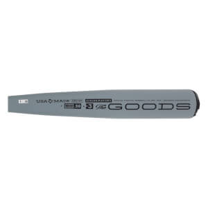 Side view of a gray baseball bat with DEMARINI The GOODS and BBCOR 50 branding.