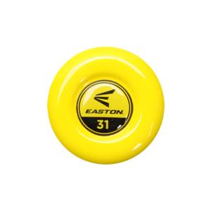 End view of a yellow Easton baseball bat with a black circular logo and the number 31.