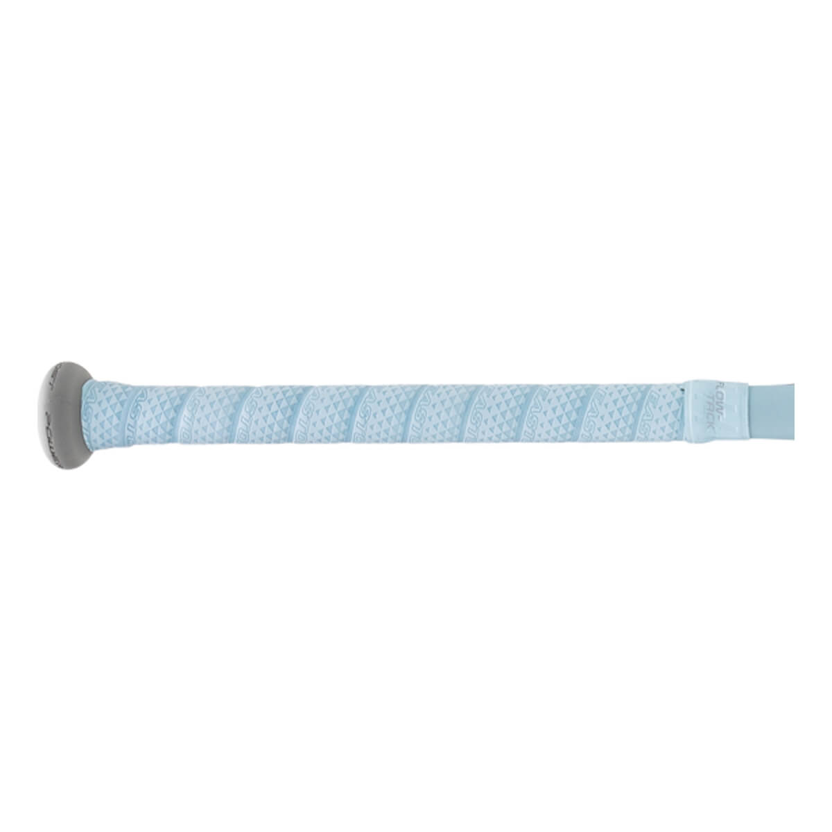 Close-up of the handle featuring a light blue Flow-Tack grip with repeating Easton logos and a gray knob with "POWER" text.
