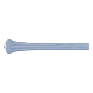 Side view of a light blue baseball bat with a flared knob and smooth barrel.