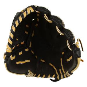 Interior view of a black fastpitch glove with tan lacing and MIKEN embossed on the palm.
