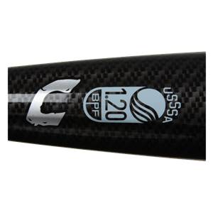 Close-up of a black softball bat with a carbon fiber pattern, featuring C logo, BPF 1.20, and USSSA markings.