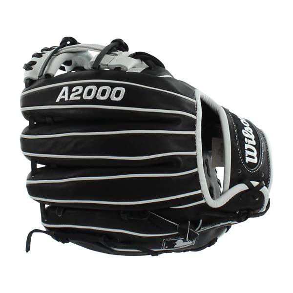 Side view of a black baseball glove with white stitching and A2000 and Wilson branding.