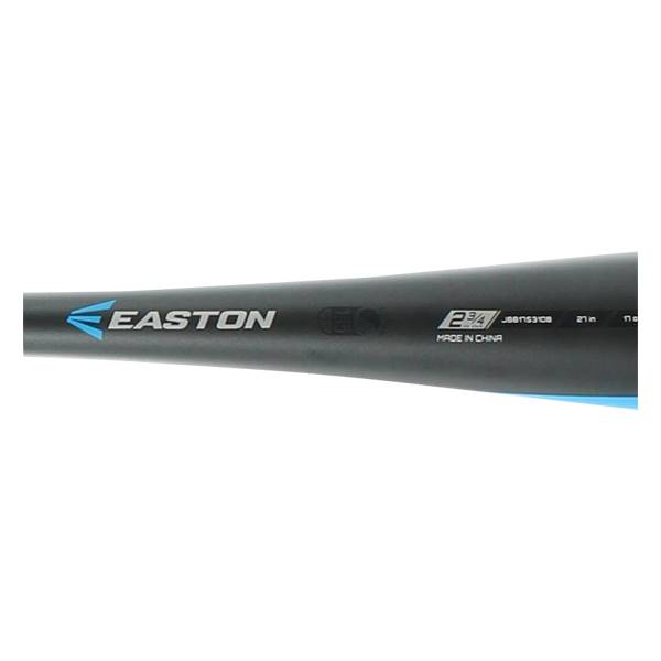 Side view of a black Easton baseball bat with blue accents, 2 3/4 and MADE IN CHINA text.
