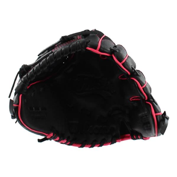 Side view of a black fastpitch glove with pink stitching and lacing.