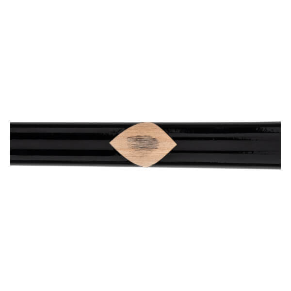 Close-up of a black baseball bat with a glossy finish and a light brown diamond-shaped wood grain patch.