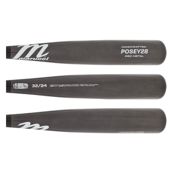 Top-down view of a gray Marucci baseball bat with POSEY28 PRO METAL and 32/24 markings.