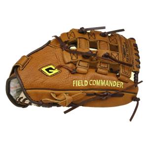 Side view of a tan baseball glove with FIELD COMMANDER text and a yellow G logo.