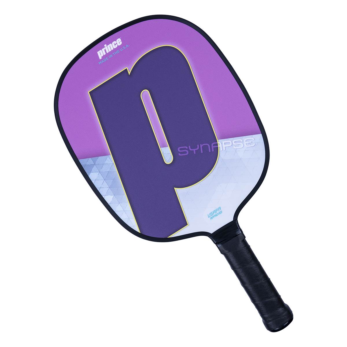 Top-down view of a purple pickleball paddle with a large P graphic and SYNAPSE text.