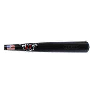Side view of a black baseball bat with M logo, wings, and American flag.