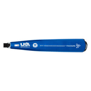 Side view of a blue baseball bat with a USA Baseball logo, -10 indicator, and DeMarini symbol.