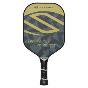 Front view of a black and gold pickleball paddle with epic VANGUARD 2.0 text and a large S graphic.
