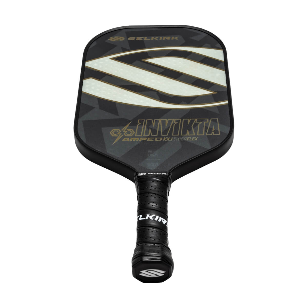 Top-down view of a black pickleball paddle with white S-shaped graphic and INVIKTA text.