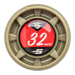 End view of a gold baseball bat with a red and black cap showing LS, 32, INCH, and -5.