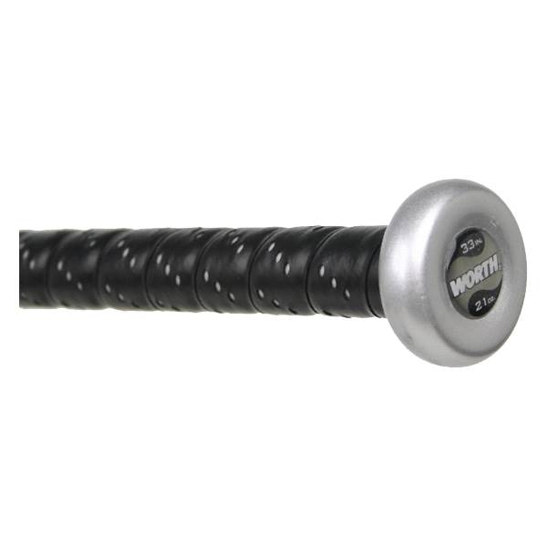 Side view of a silver softball bat with a black perforated grip and WORTH 33in 21oz text.