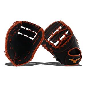 Side view of black and orange baseball gloves with orange lacing and Mizuno logo.