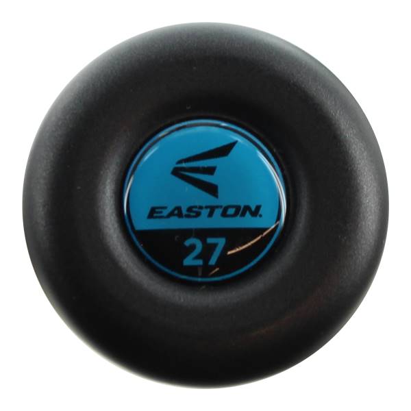 End view of a black baseball bat with a blue Easton logo and 27 marking.