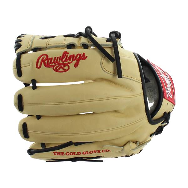 Front view of a tan baseball glove with red Rawlings branding and THE GOLD GLOVE CO. text.