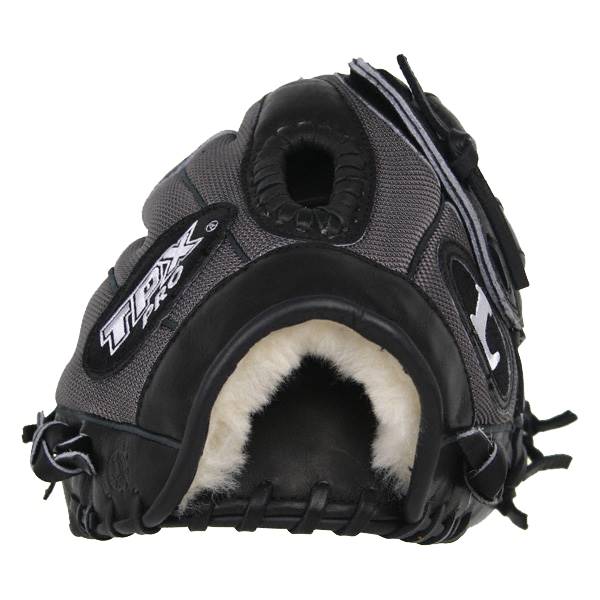 Back view of a black and gray baseball glove with TPX PRO branding and white fur lining.