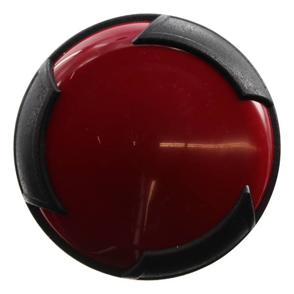 Top-down view of a red baseball bat end cap with black accents.