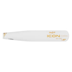 Side view of a white baseball bat with gold Rawlings ICON [CARBON] -10 branding and a gold striped design.