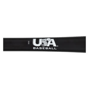 Close-up of a black baseball bat with a white USA Baseball logo and 0522 printed vertically.