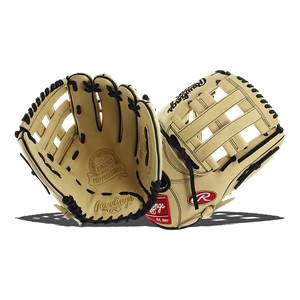 Front view of a tan Rawlings Pro Preferred baseball glove with black lacing and a webbed palm.