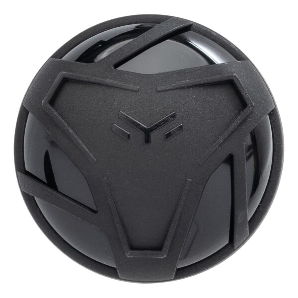 Top-down view of a black baseball bat end cap with a matte black geometric design and a glossy black center.