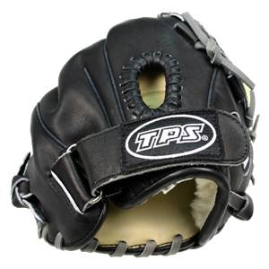 Front view of a black baseball glove with a TPS logo and adjustable strap.