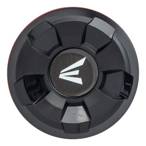 Top-down view of a black baseball bat end cap with a white Easton logo and segmented black design.