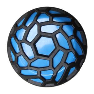 Top-down view of a black and blue baseball bat end cap with a hexagonal pattern.
