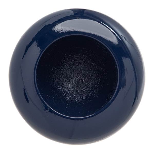 Top-down view of a dark blue baseball bats cupped end with a glossy finish and textured interior.