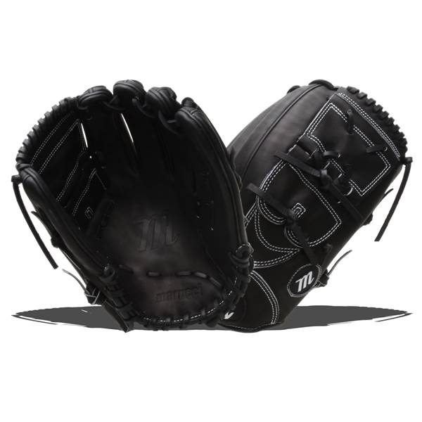 Front view of a black baseball glove with white stitching and Marucci branding.