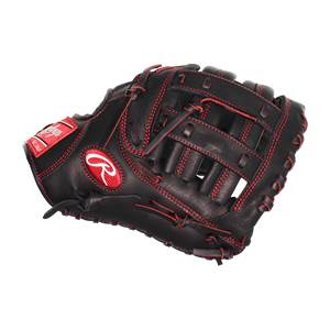 Corner view of a black baseball glove with red stitching and a white R logo.