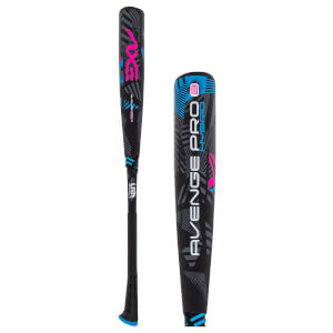 Composite view of a black baseball bat with vibrant pink and blue graphics, featuring the AXE logo and Avenge Pro Hybrid text.