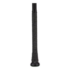 Close-up of a black baseball bat grip with a textured pattern and a black knob.