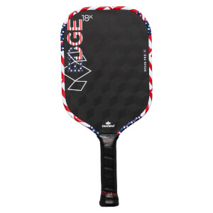 Front view of a black pickleball paddle with an American flag edge guard, EDGE 18K text, and a geometric face pattern.