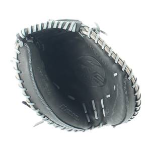 Top-down view of a black Mizuno catchers mitt with light gray lacing and embossed logo.