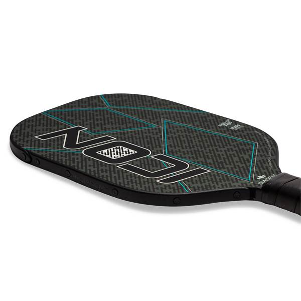 Top-down view of a black pickleball paddle with ICON text and blue geometric lines.
