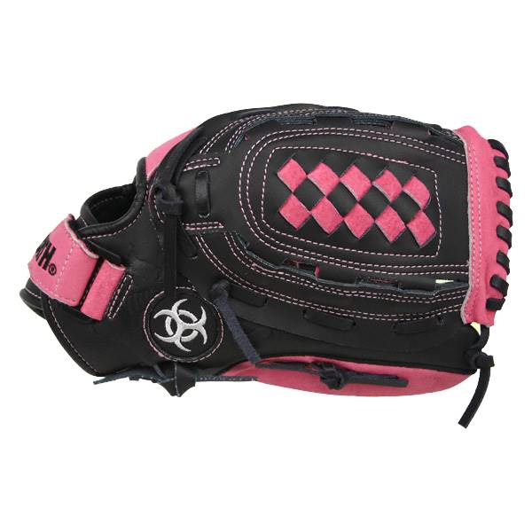 Side view of a black and pink youth baseball glove with a checkered web and biohazard logo.