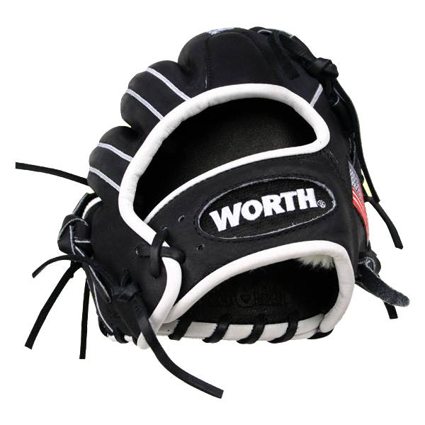 Front view of a black baseball glove with white stitching and the WORTH logo.