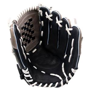 Top-down view of a black Louisville Slugger baseball glove with white lacing and a checkered pattern.