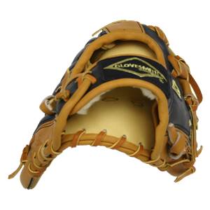 Top-down view of a tan and black baseball glove with GLOVESMIT branding and tan lacing.
