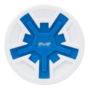 Close-up view of the circular end cap featuring a white background and a blue five-pointed geometric shape with a stylized letter "M" in the center.