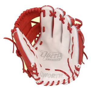 Front view of a red and white baseball glove with Liberty Advanced and Worth branding.