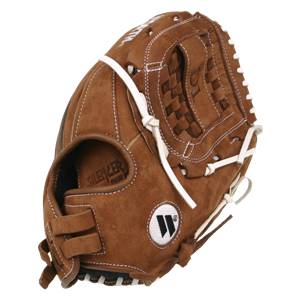 Side view of a brown baseball glove with white lacing and a checkered web.