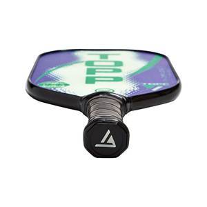 Top-down view of a purple and white pickleball paddle with green accents and a black grip.
