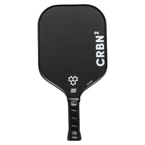 Front view of a black pickleball paddle with CRBN² branding, a honeycomb logo, and 16mm text.