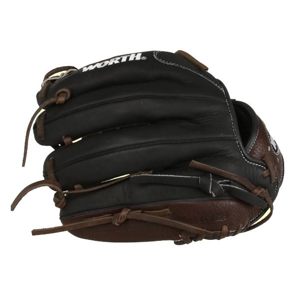Side view of a black and brown baseball glove with white stitching and WORTH text.